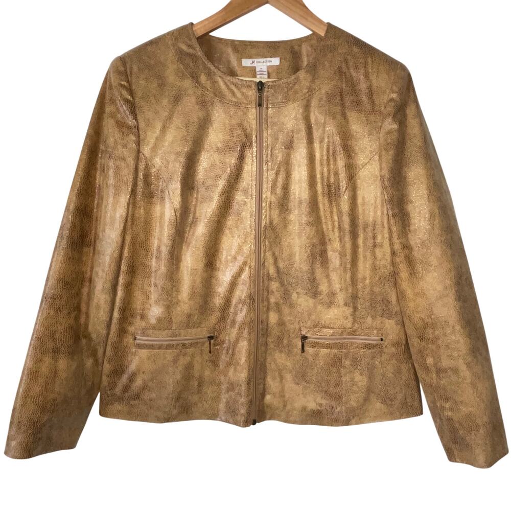 JM Collection Womens Textured Jacket Faux Snake Print Artsy Zip Up Tan‎ Size 12